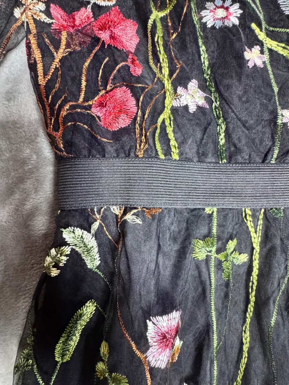 Black Embroidered Floral Mesh Dress Sheer Sleeve Boho Cottagecore Small - Picture 4 of 10